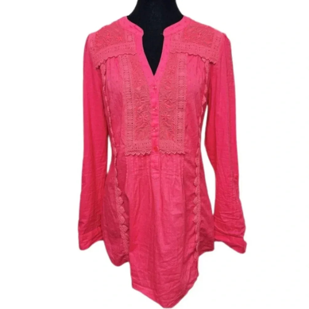 LEIFNOTES Anthropologie Womens 6 Embroidered Coral Swiss Dot Tunic